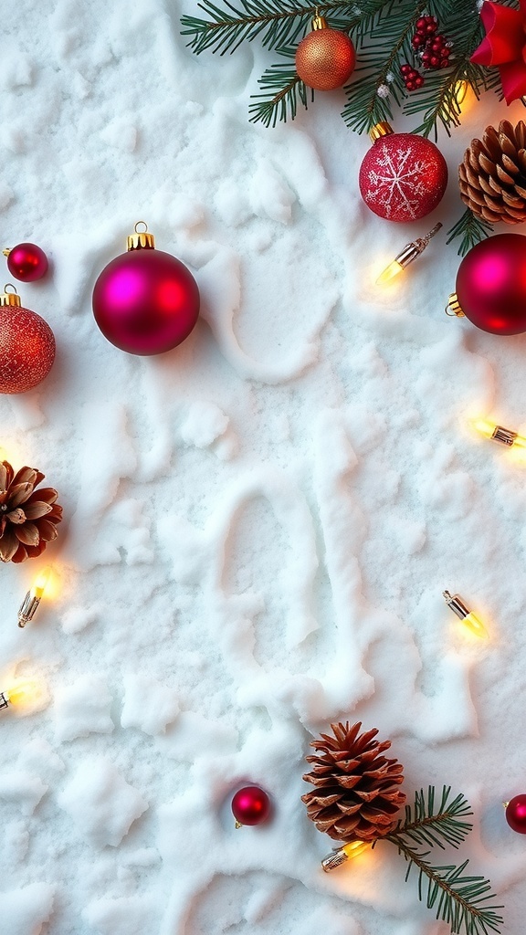 A festive Christmas snowy background with cotton batting, ornaments, and lights.